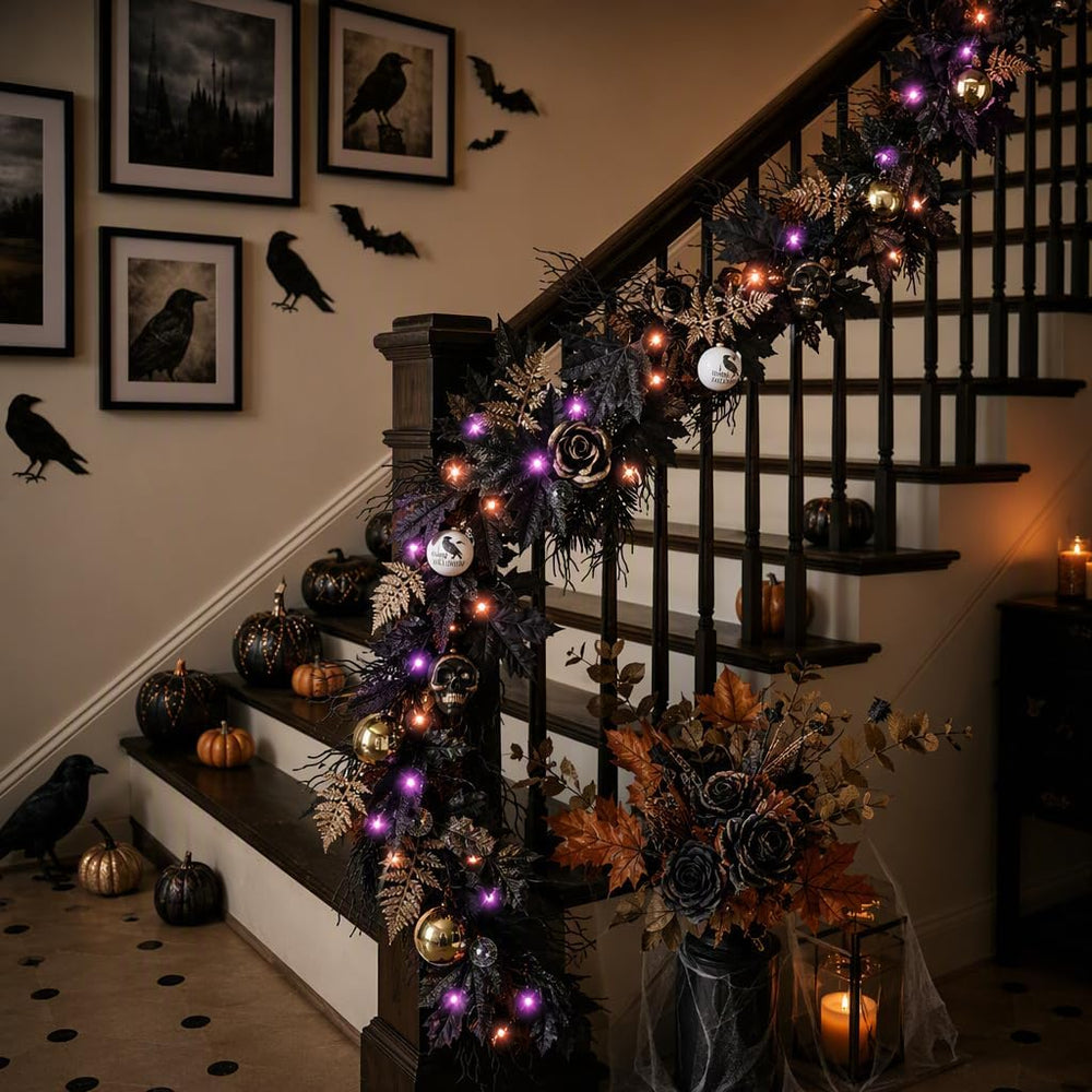 DecorbyHannah 6ft Halloween Garland for Mantle with Lights Black Rose Decor