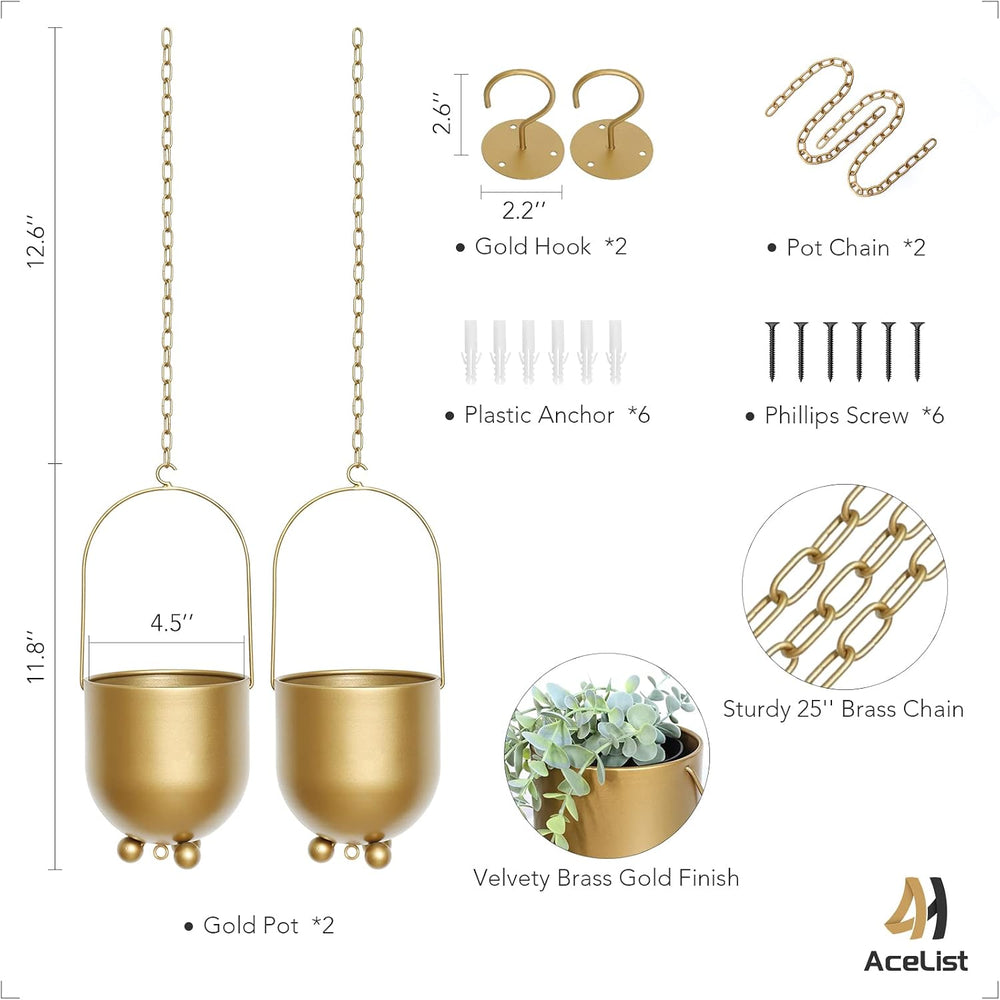 Boho Gold Metal Hanging Planters, Set of 2 with Hooks & Chains - Versatil...