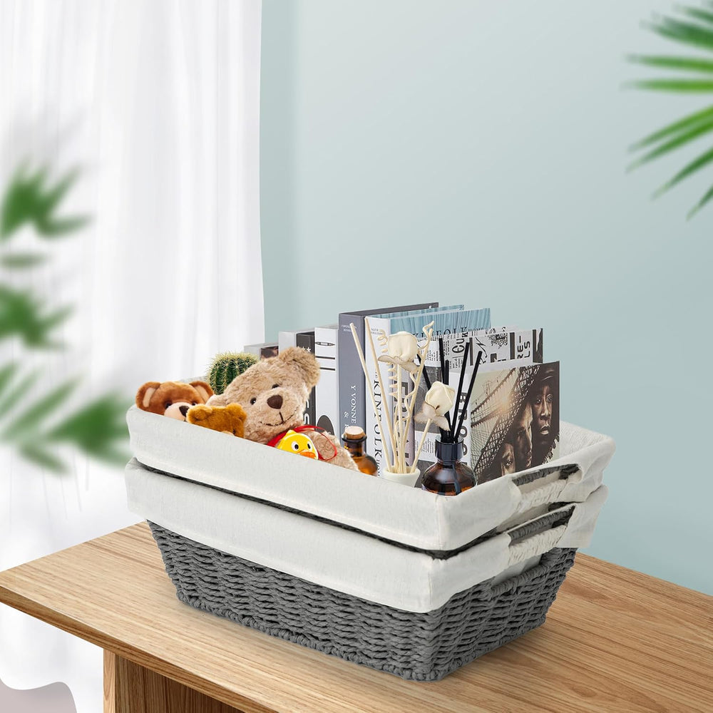 Round Wicker Storage Baskets with Liners and Handles, 2 Pack, Grey