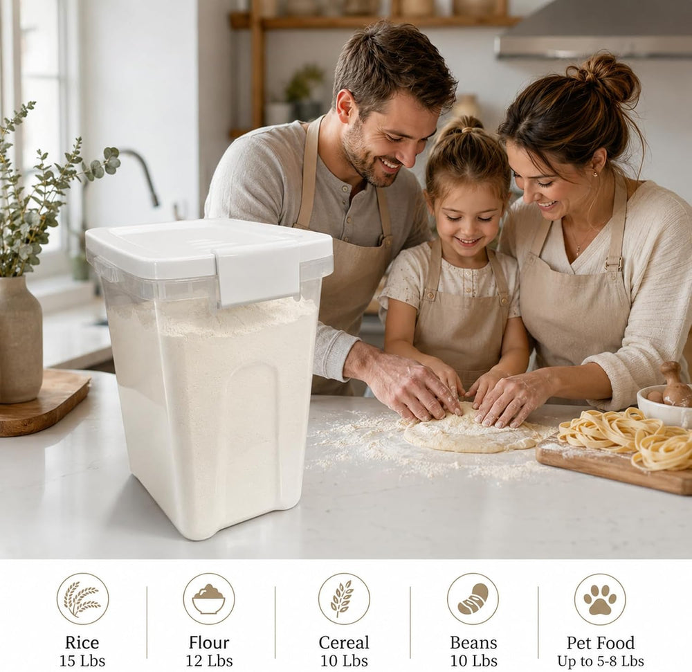 Rice Storage Container 10-15 Lbs, Airtight Flour Dry Food Bin with Scoop