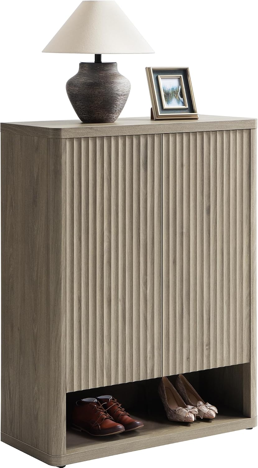 SICOTAS Shoe Cabinet 44 inch Tall Fluted Shoe Cabinet with Doors & 4 Shel...