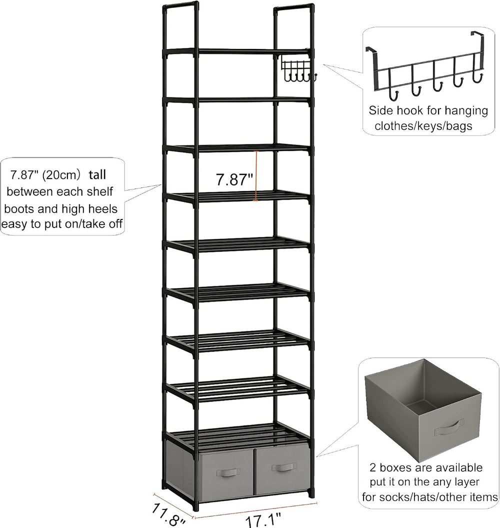 OYREL Tall Shoe Rack Narrow 10 Tier Shoes Rack 20 25 Pairs + 2 Boxes 1 Hook