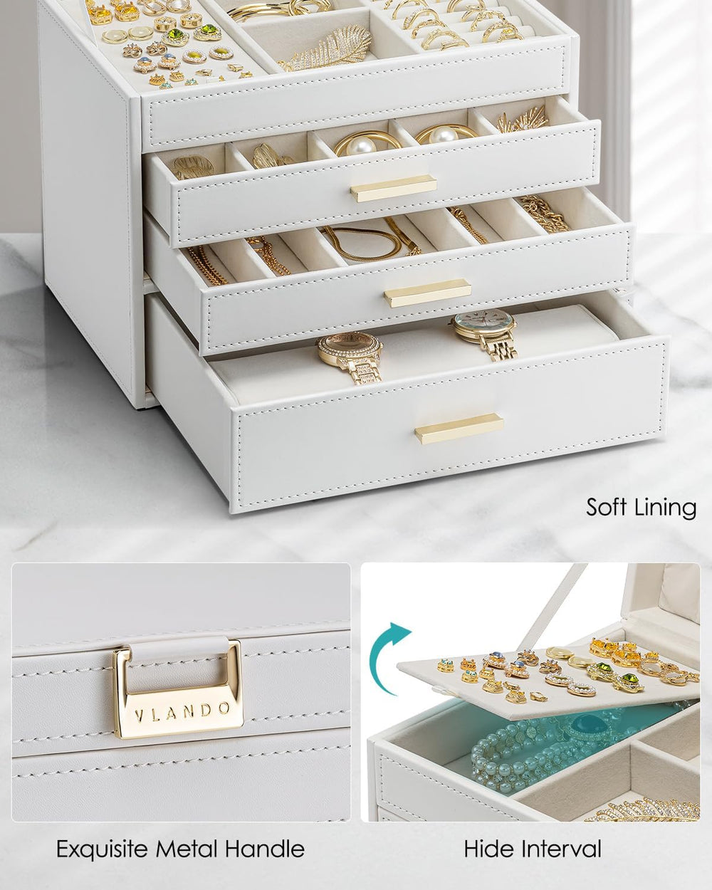 VLANDO Large Jewelry Box, 4 Layer Storage Organizer, Removable Dividers