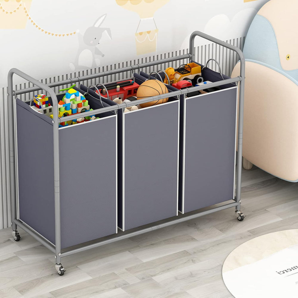 LINZINAR 3 Section Laundry Hamper Sorter, Grey Laundry Basket with Wheels
