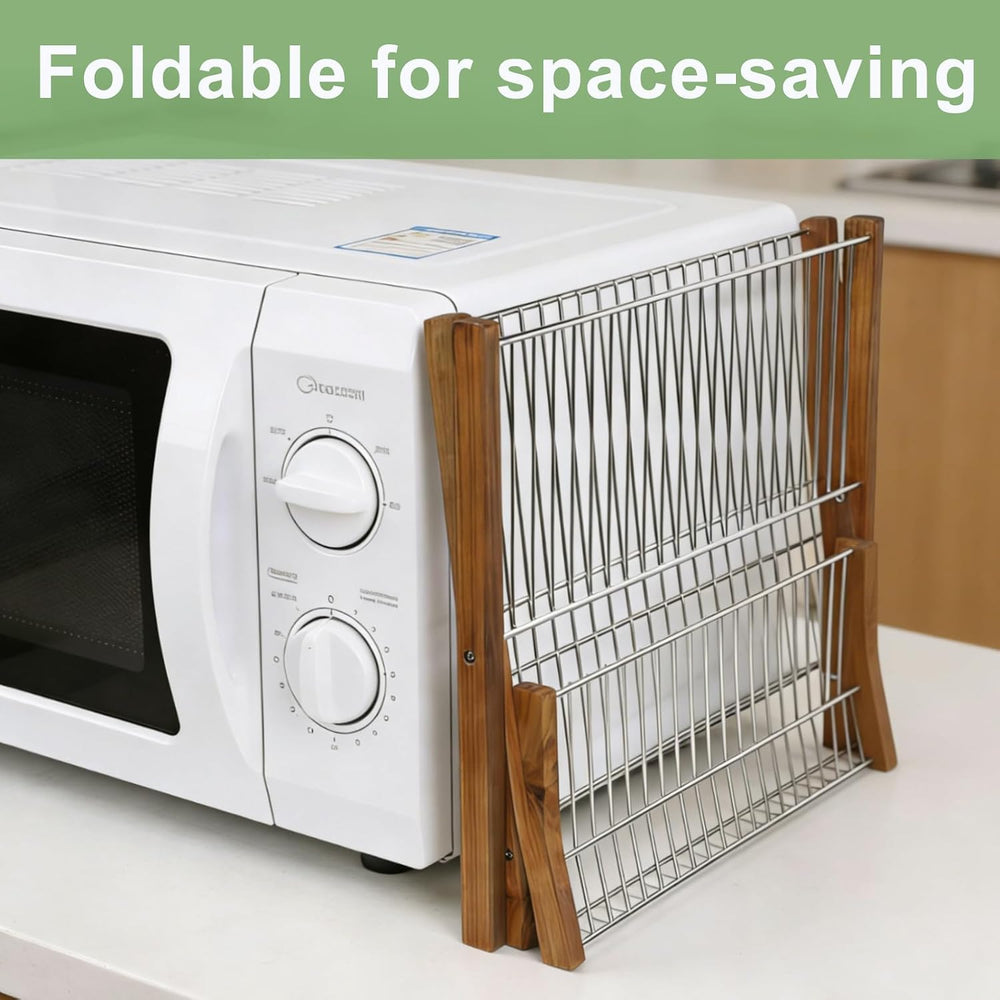 HTB Dish Drying Rack 2 Tier,Stainless Steel & Teak Wood Dish Drying Rack