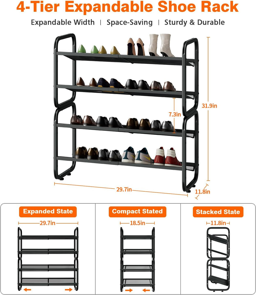 4 Tier Expandable Shoe Rack for Closet & Entryway, Metal Shoe Storage