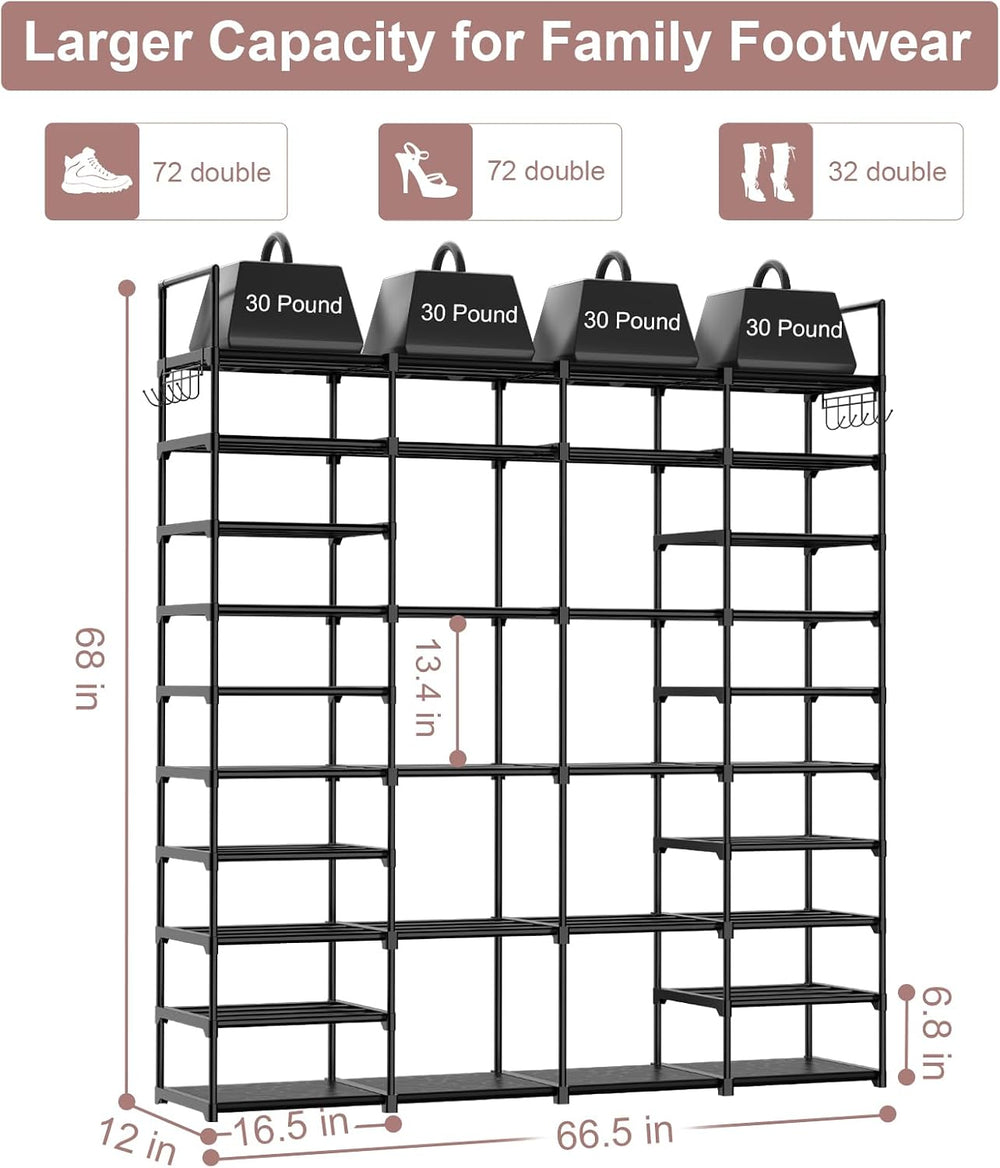 Kottwca 4 Row 10 Tier Large Shoe Rack Organizer for Closet Entryway, 72-80 Pa...