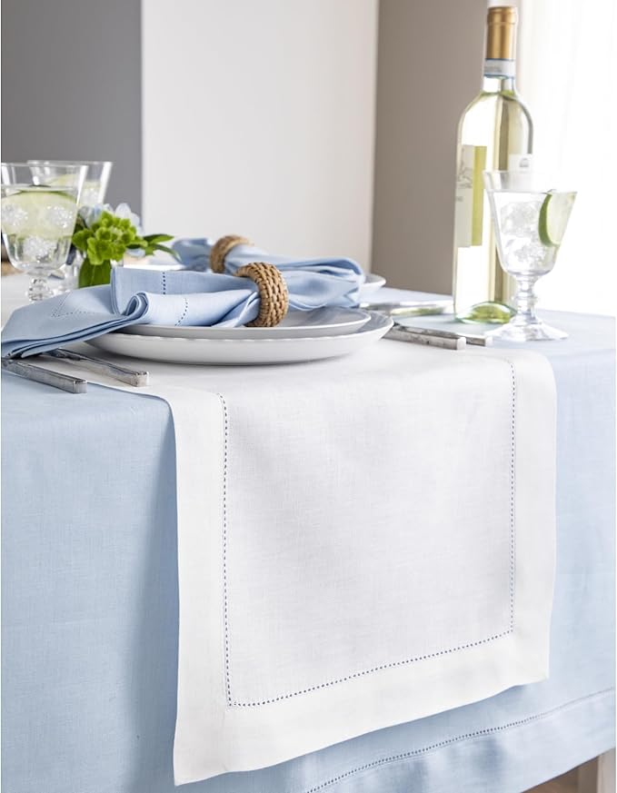 Solino Home Linen White Table Runner 48 Inches - Classic Hemstitch, 100% Pure...