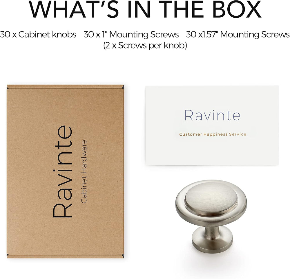 Ravinte Brushed Nickel Cabinet Knobs Zinc Drawer Knobs, 1-1/4 Inch, 30 Pack
