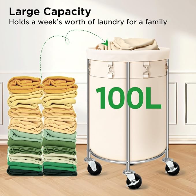Laundry Hamper with Wheels, 100L Round Rolling Laundry Basket Sorter with