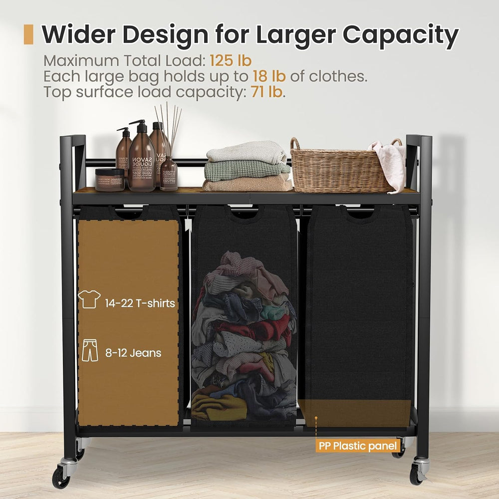 Laundry Sorter, Laundry Hamper 3 Section, 3×11.4Gal, Metal Frame Rolling Laun...