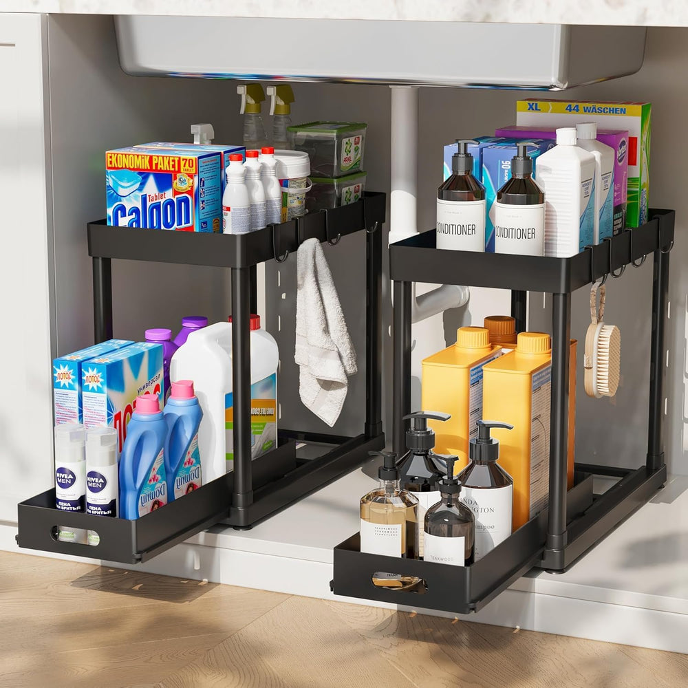 2PC Under Sink Organizer Rack 2 Tier Under Sliding Cabinet Basket Organizer D...