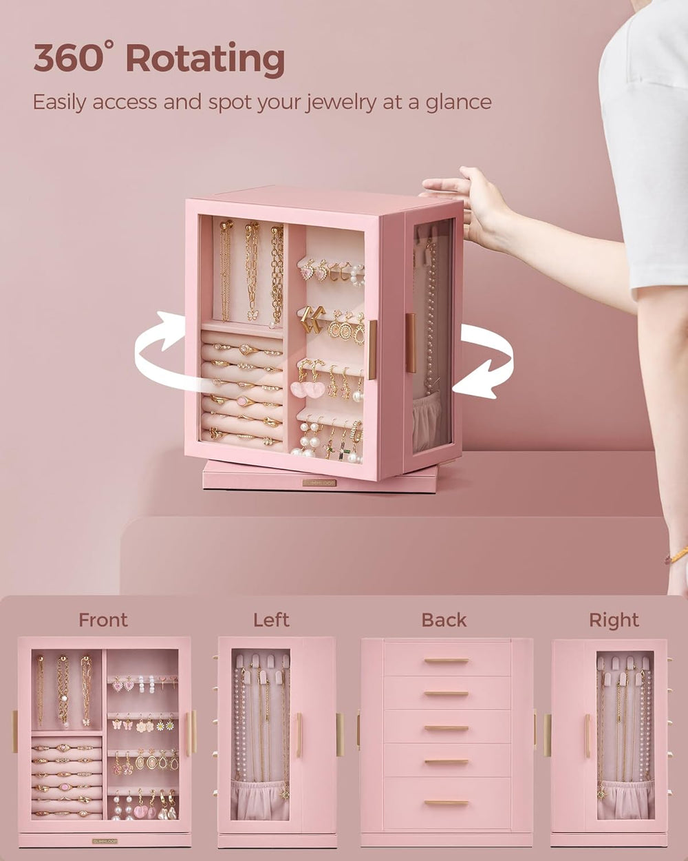 Glimmloop 360° Rotating Jewelry Box with 5 Drawers, Spacious Vertical Jewelry...