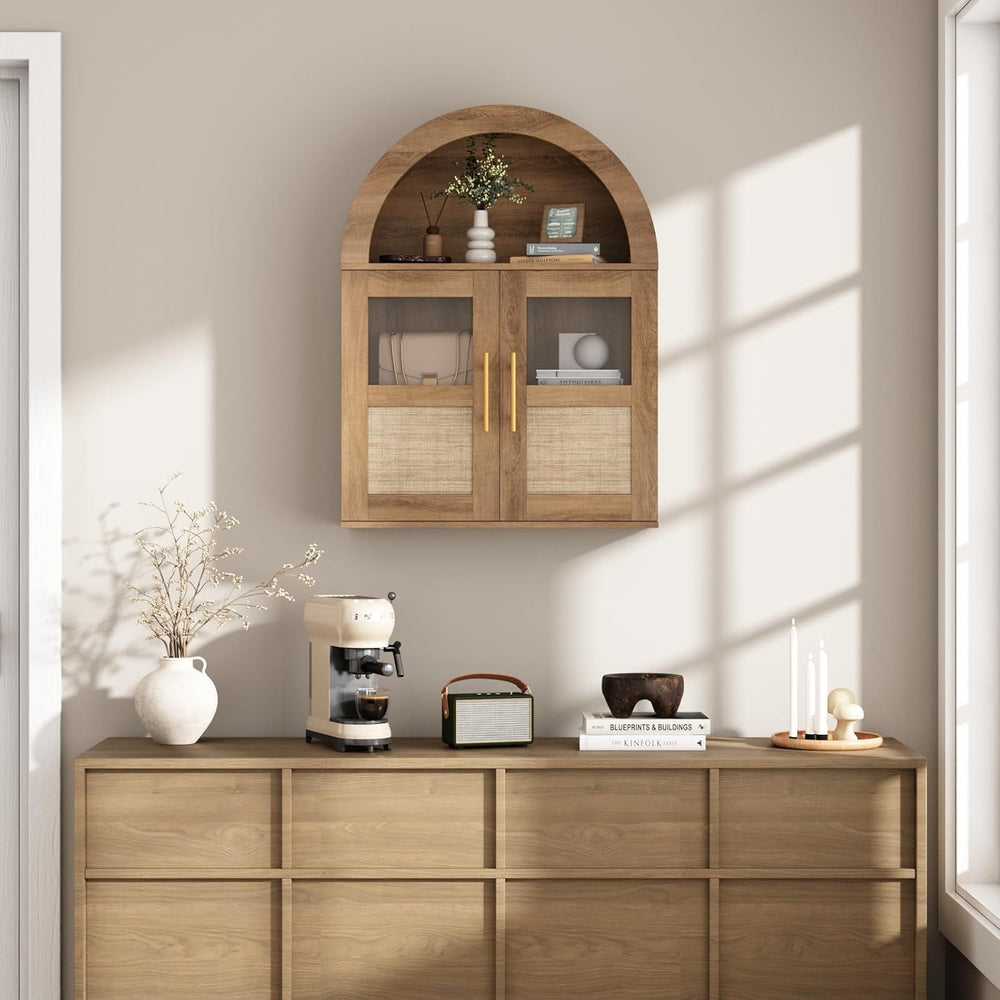 RUSTOWN Arched Bathroom Wall Cabinet with 2 Glass & Rattan Doors