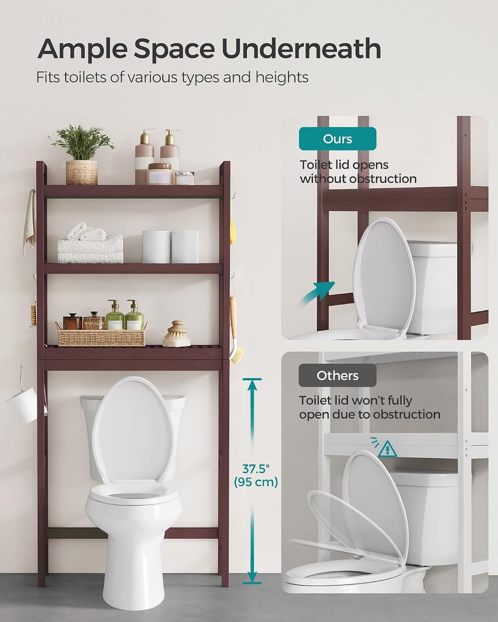 SONGMICS 3-Tier Bamboo Over The Toilet Storage, Adjustable Shelf, 66.9'