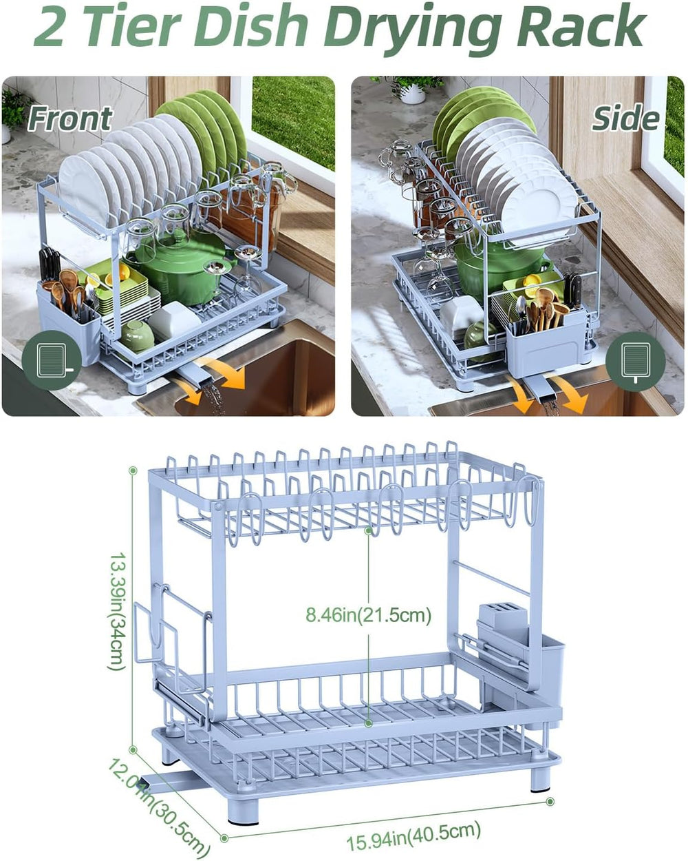 2-Tier Dish Drying Rack for Kitchen Counter, Space-Saving, Blue