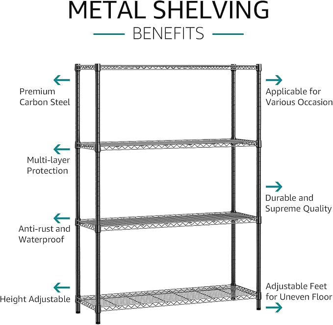 IZEUK 1400 LBS Garage Black Shelving Wide Storage Shelves 4 Tier Adjustable