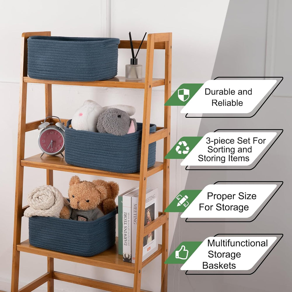 OIAHOMY 3 Pack Storage Baskets for Shelves Cotton Rope Storage Bins Blue