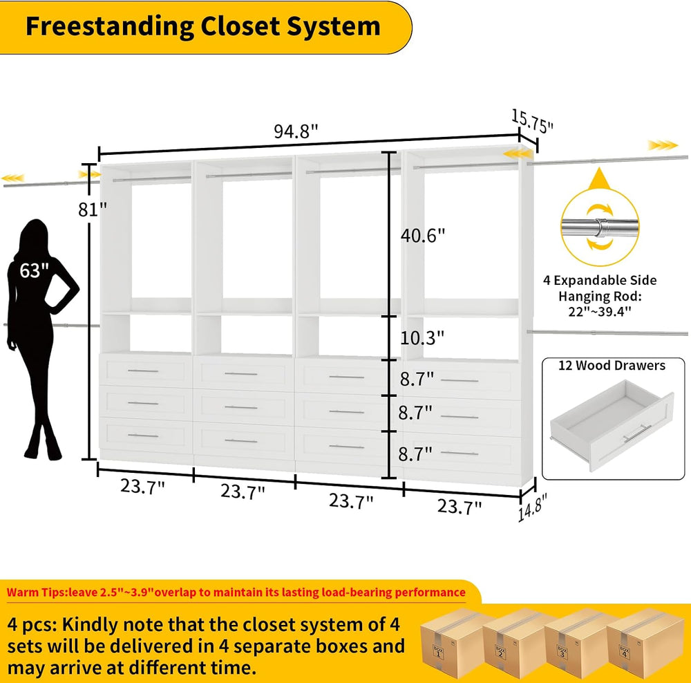 Closet System with 4 Sets, 8FT-21FT Custom Closet System with 9 Drawers for W...
