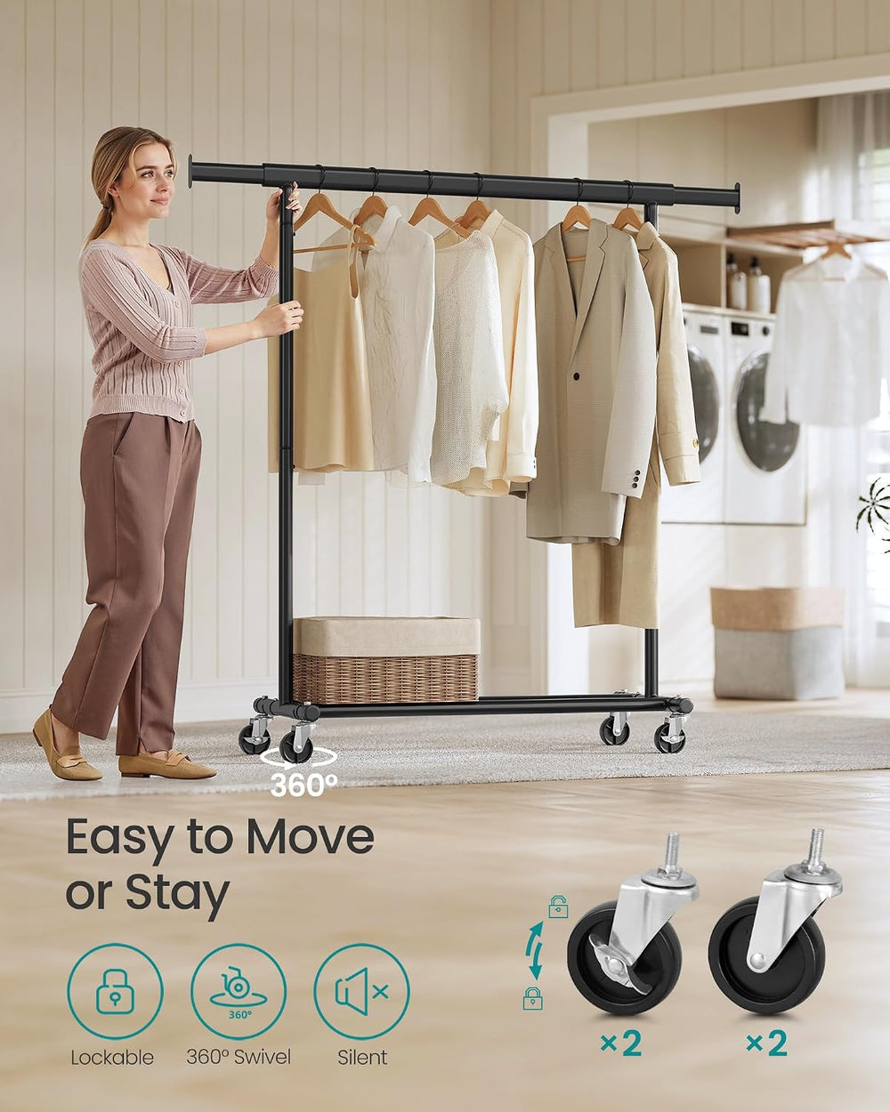 SONGMICS Clothes Rack with Wheels, Heavy-Duty, 220 lb Load Capacity