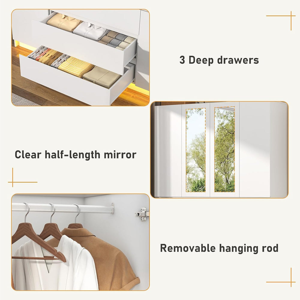 4 Doors Armoire Wooden Wardrobe Closet with 3 Drawers & 2 Mirror, 75"...