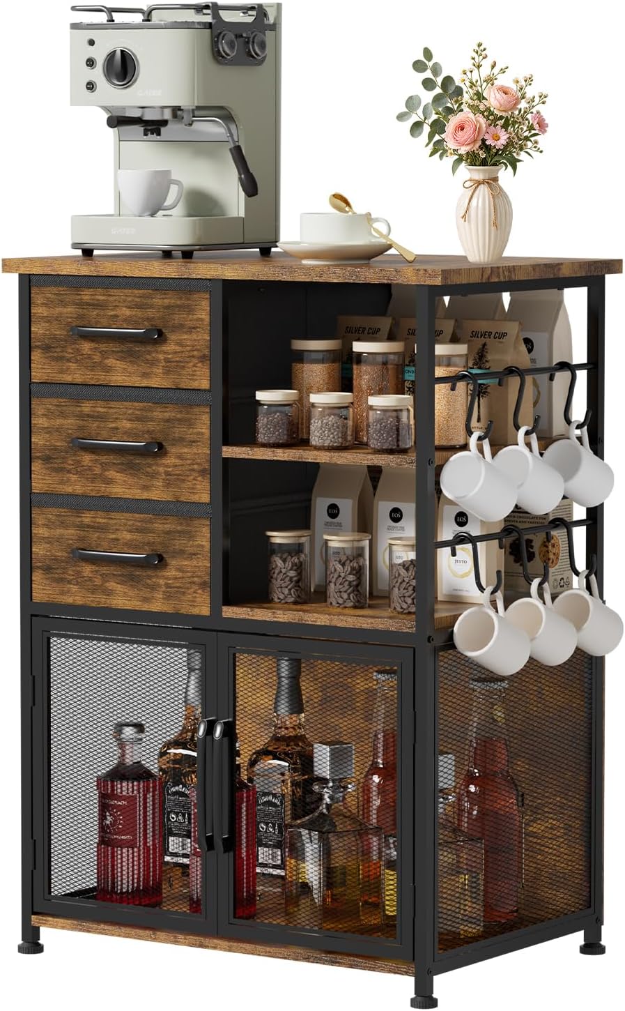 Coffee Bar Cabinet with Drawers - Open Shelves and Mesh Doors
