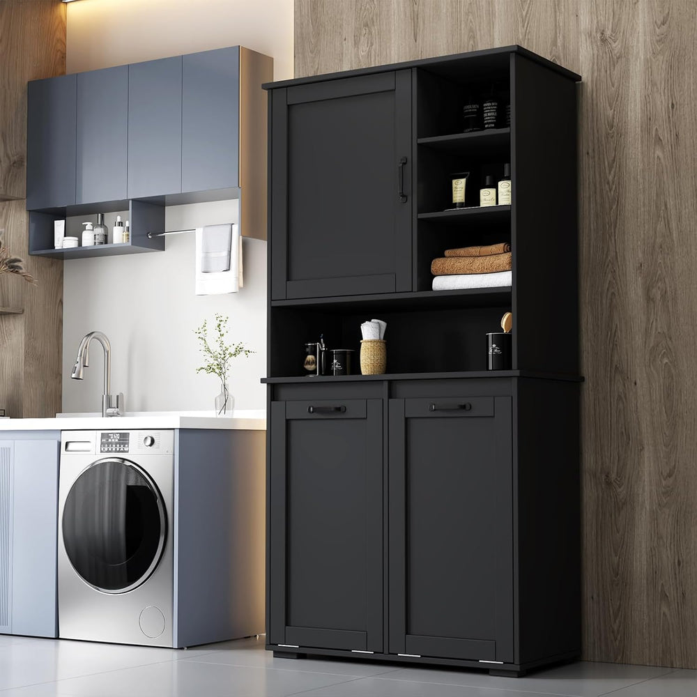 Tall Laundry Cabinet with Double Tilt Out Laundry Hamper, Freestanding Floor ...