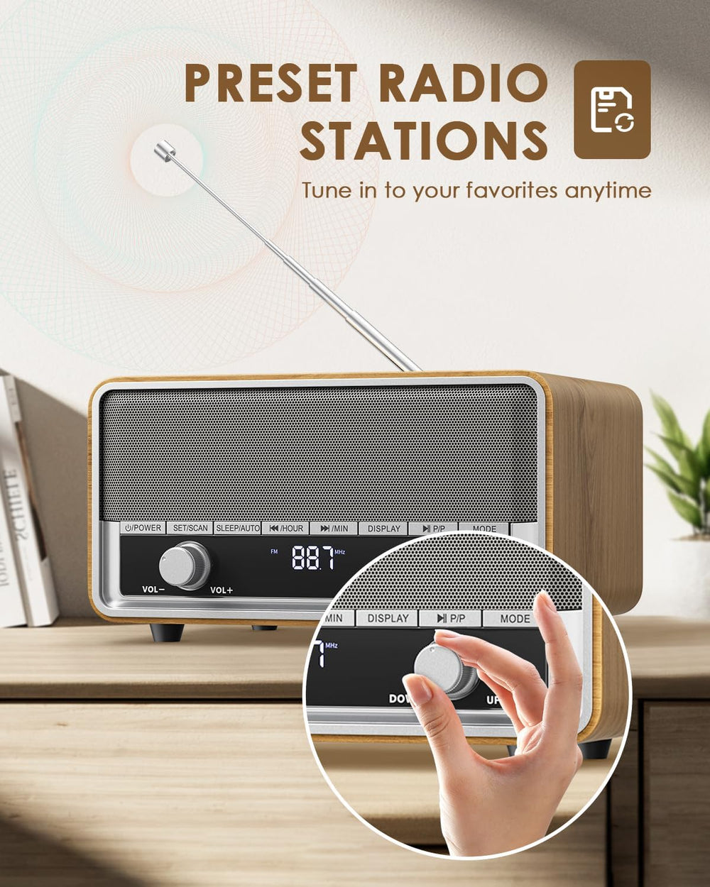 Vintage Wood AM FM Bluetooth Radio with Clear LCD Display