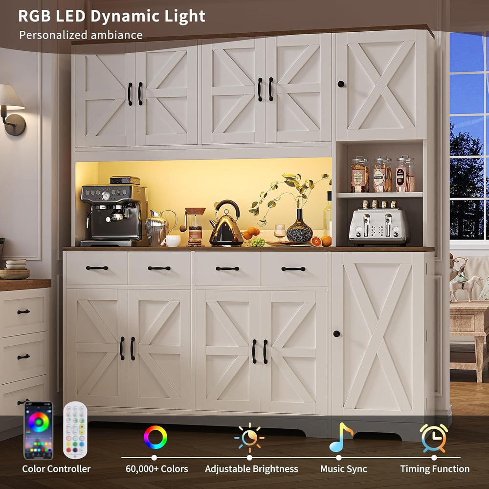 71" Tall Kitchen Pantry with LED Lights & Charging Station, Farmhous...