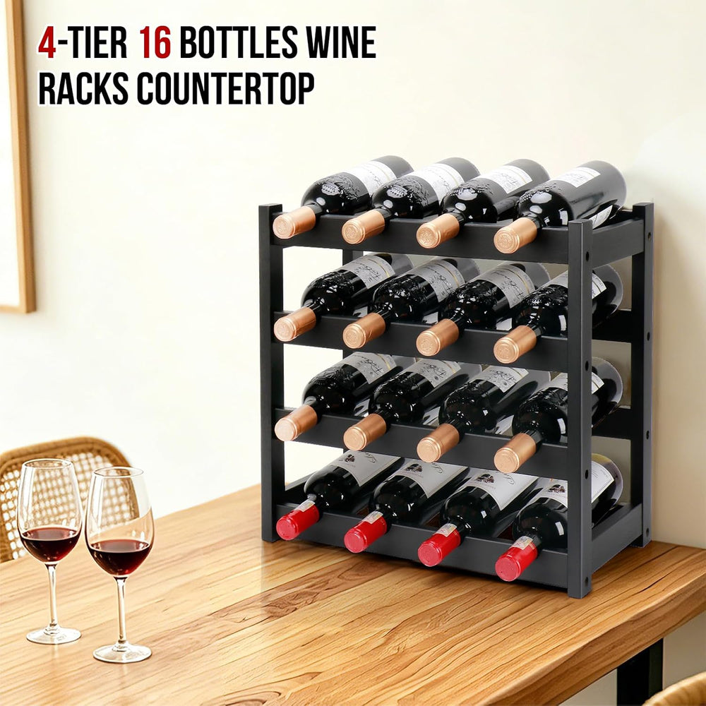 Bamboo Wine Rack, 4-Tier 16 Bottles Wine Storage Cabinet Shelf