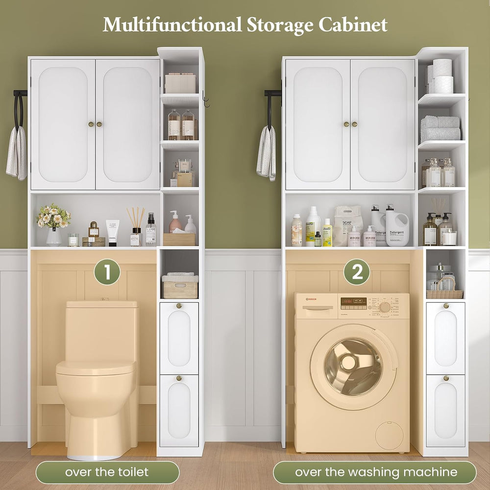 7-Tier L-Shaped Wooden Over the Toilet Storage Cabinet with Doors