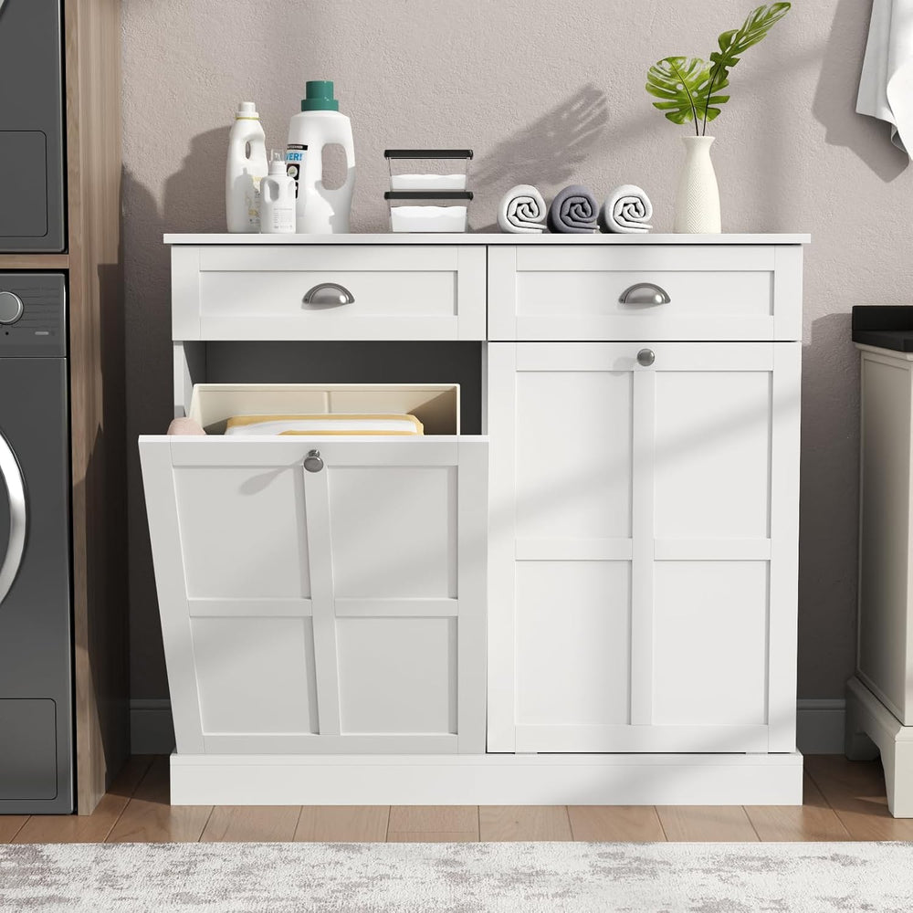 Double Tilt Out Laundry Hamper Cabinet, Hidden Laundry Cabinet w/2 Drawers