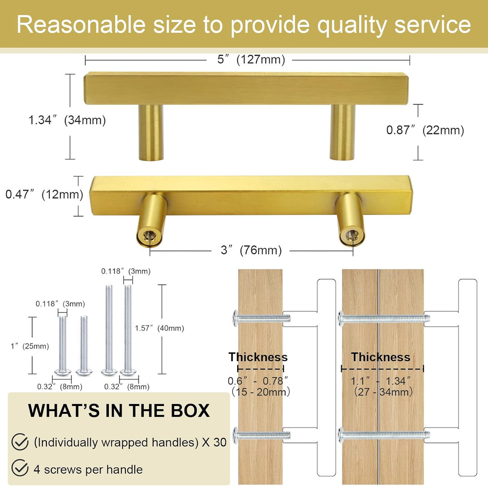 AEEKEL 30 Pack Brushed Brass Kitchen Cabinet Handles 5" Length Drawer Pulls