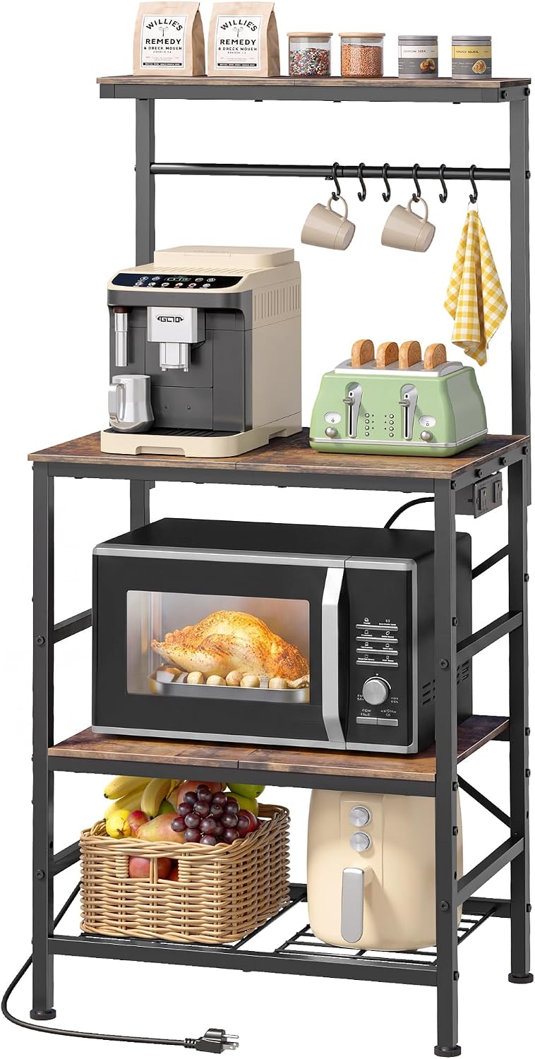 Kitsure Coffee Bar, 4-Tier Baker's Rack with Power Outlet, 21.7" x 4...