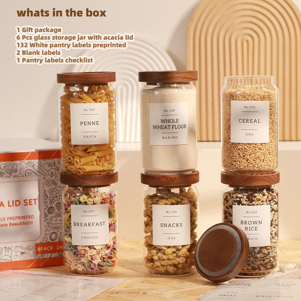 6 Pack Glass Canisters with Airtight Acacia Lids and 132 Kitchen Pantey Label...