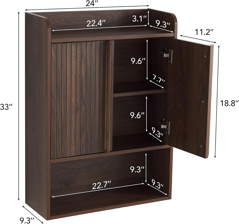Fluted Wall Cabinet 33" H,Bathroom Cabinet Mid-Century Modern Dark