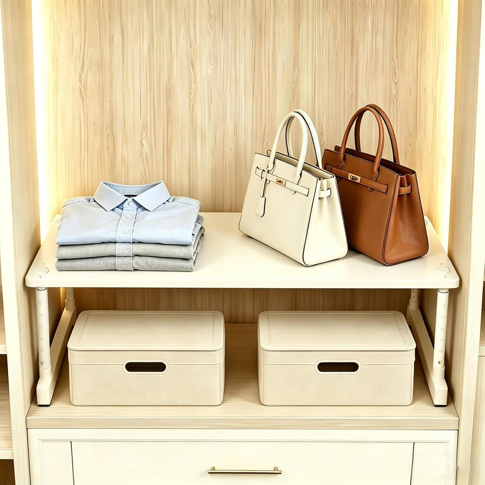 Adjustable Closet Shelf Organizer, Expandable Storage Rack for Wardrobe, Beig...
