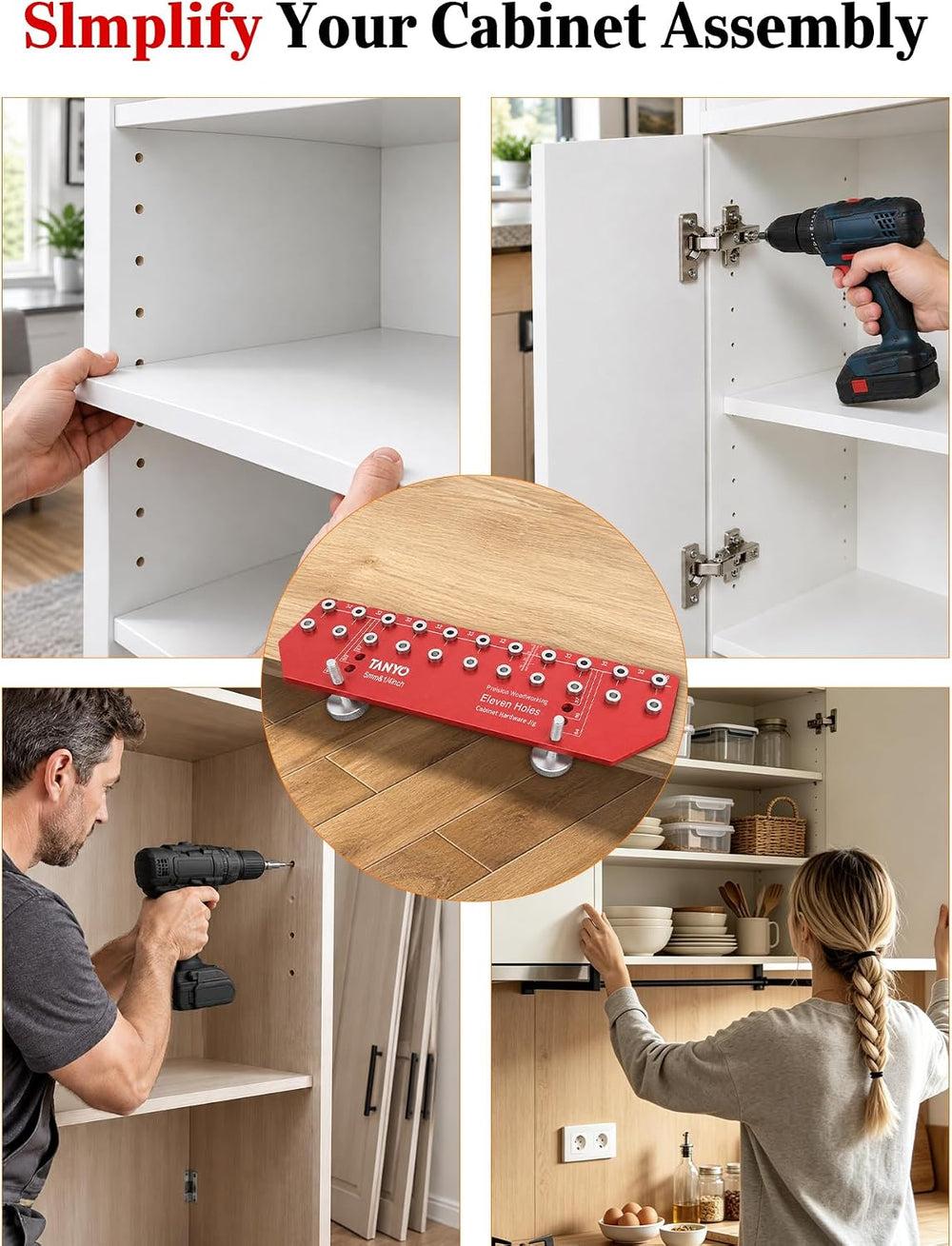 TANYO 11-Hole Shelf Pin Jig, 1/4" & 5mm Drill Bits, Cabinet Hardware