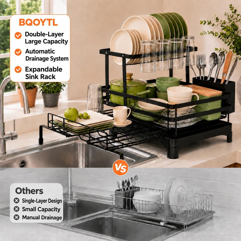 2-Tier Expandable Dish Drying Rack for Kitchen Counter and Over Sink, Black