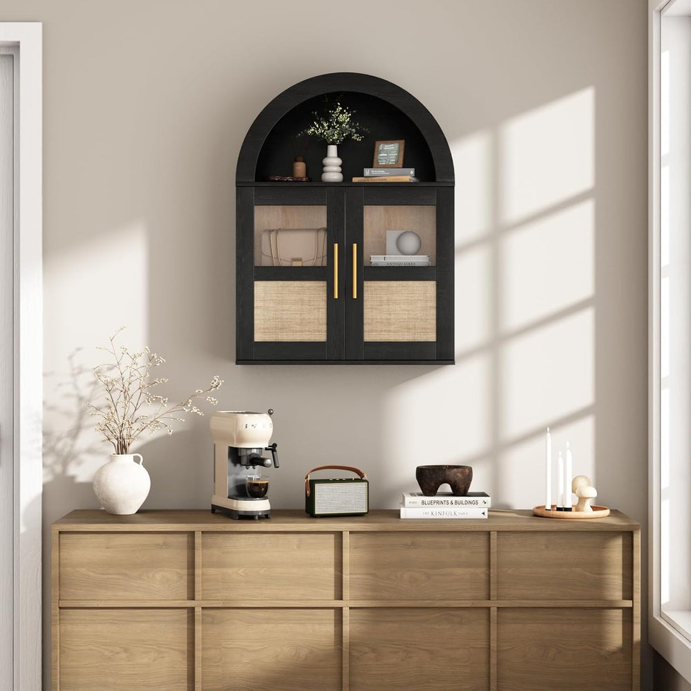 RUSTOWN Arched Bathroom Wall Cabinet with 2 Glass & Rattan Doors