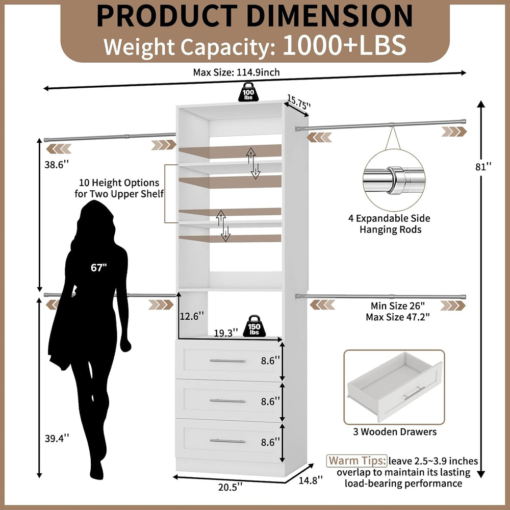 Closet System with 3 Drawers, 2FT-9FT Customizable Closet Organizer System wi...