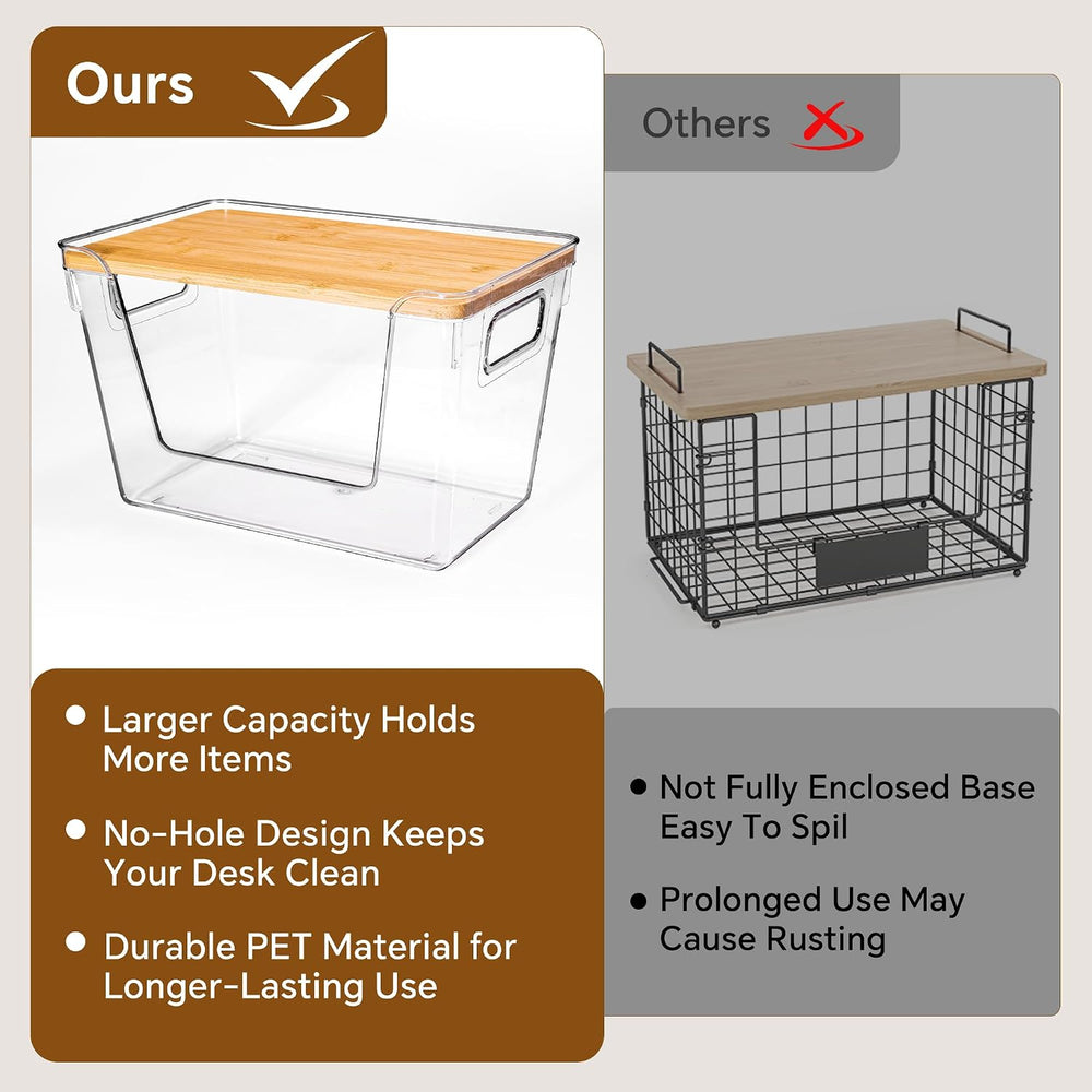 2 Set Pantry Organizers and Storage with Bamboo Lids, Stackable Clear Bins fo...