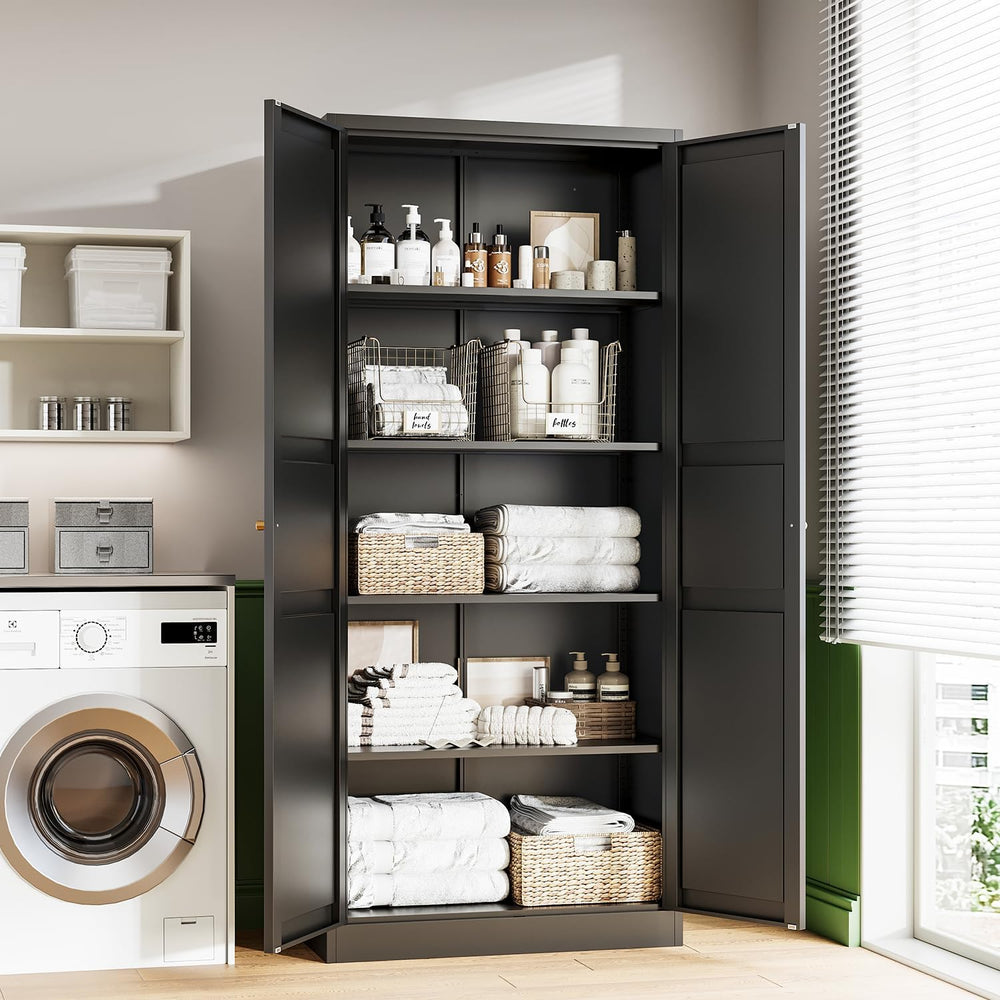 Black Storage Cabinet with Adjustable Shelves-Metal Home Kitchen Pantry Cabin...