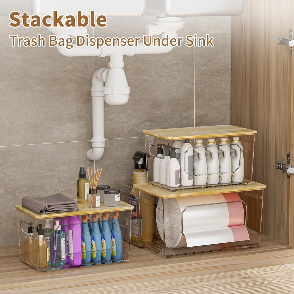 spospo Trash Bag Holder 3-in-1 Under Sink Organizer with Bamboo Lid