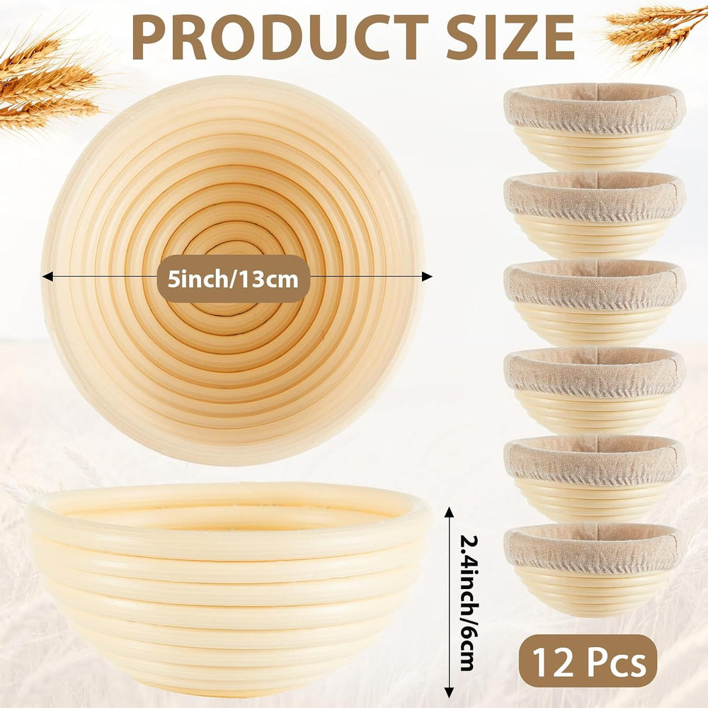 5 Inch Banneton Bread Proofing Basket Set of 12 with Linen Liner Cloth Mini B...