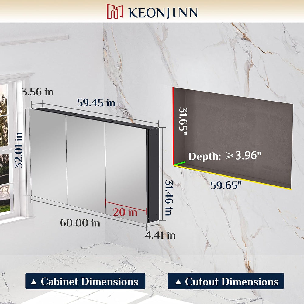 Keonjinn 60" x 32" Black Medicine Cabinet Mirror, Freely Adjustable...