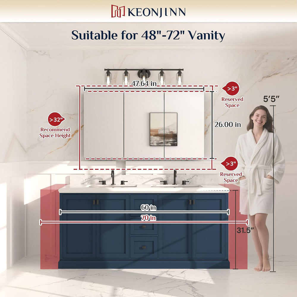 Keonjinn 48 x 26 Inch Bathroom Medicine Cabinets Mirror, Adjustable Shelves