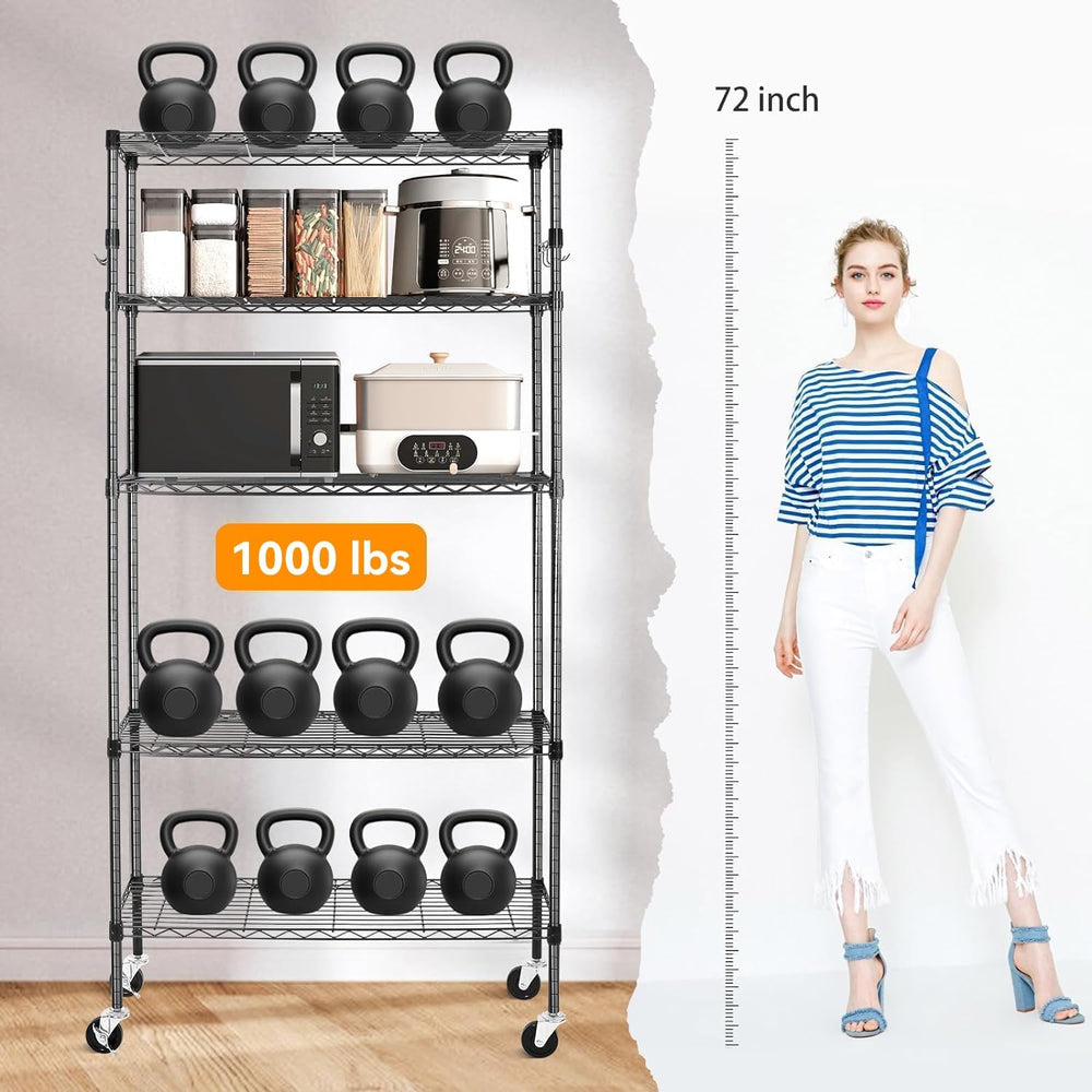 YNN Storage Shelves,1750Lbs 5 Tier Heavy Duty Metal Rolling Shelving Unit wit...