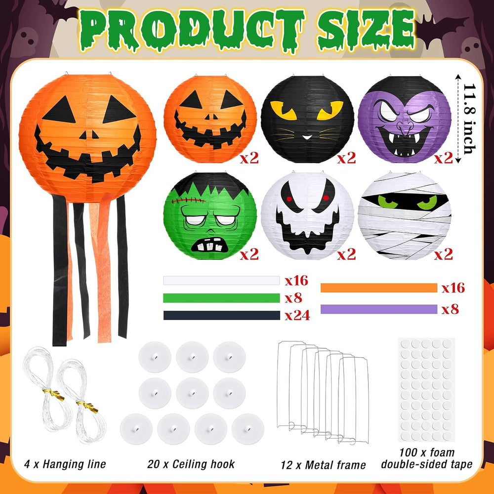 VIHOSE 12 Pcs Halloween Hanging Decorations Paper Lanterns, Jack-o-Bat Lanter...