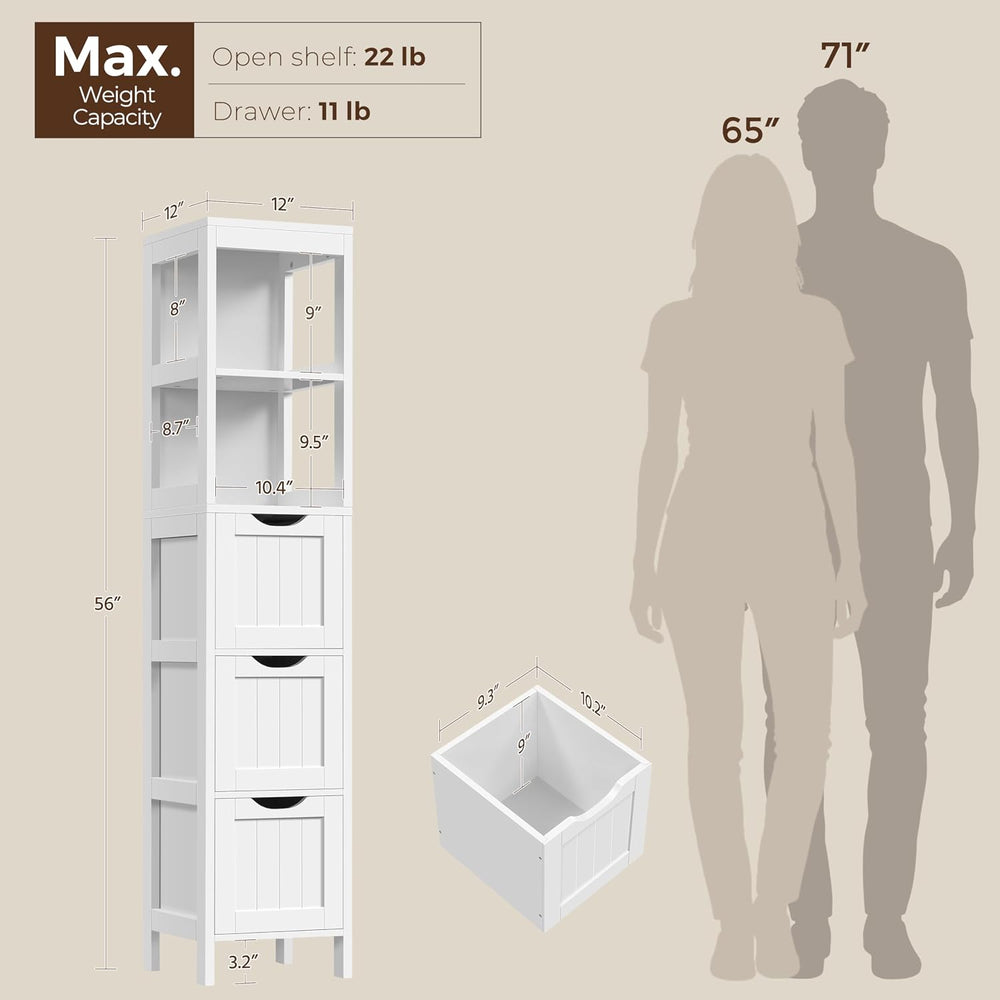 Yaheetech 56" Tall Narrow Bathroom Storage Cabinet with 3 Drawers, White